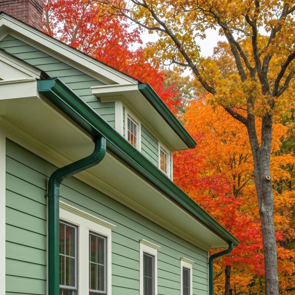 Custom dark green seamless gutters on a green-sided New England home