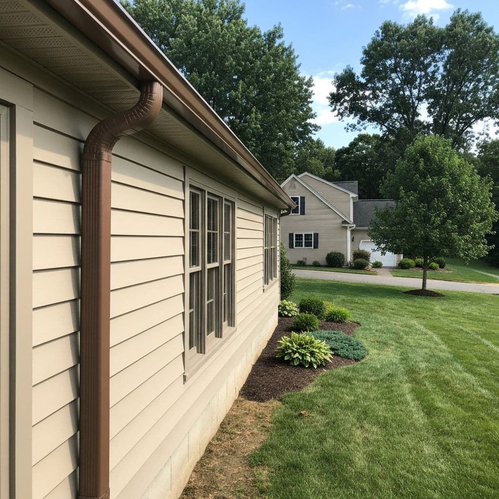 Brown seamless gutters on a beige colonial home