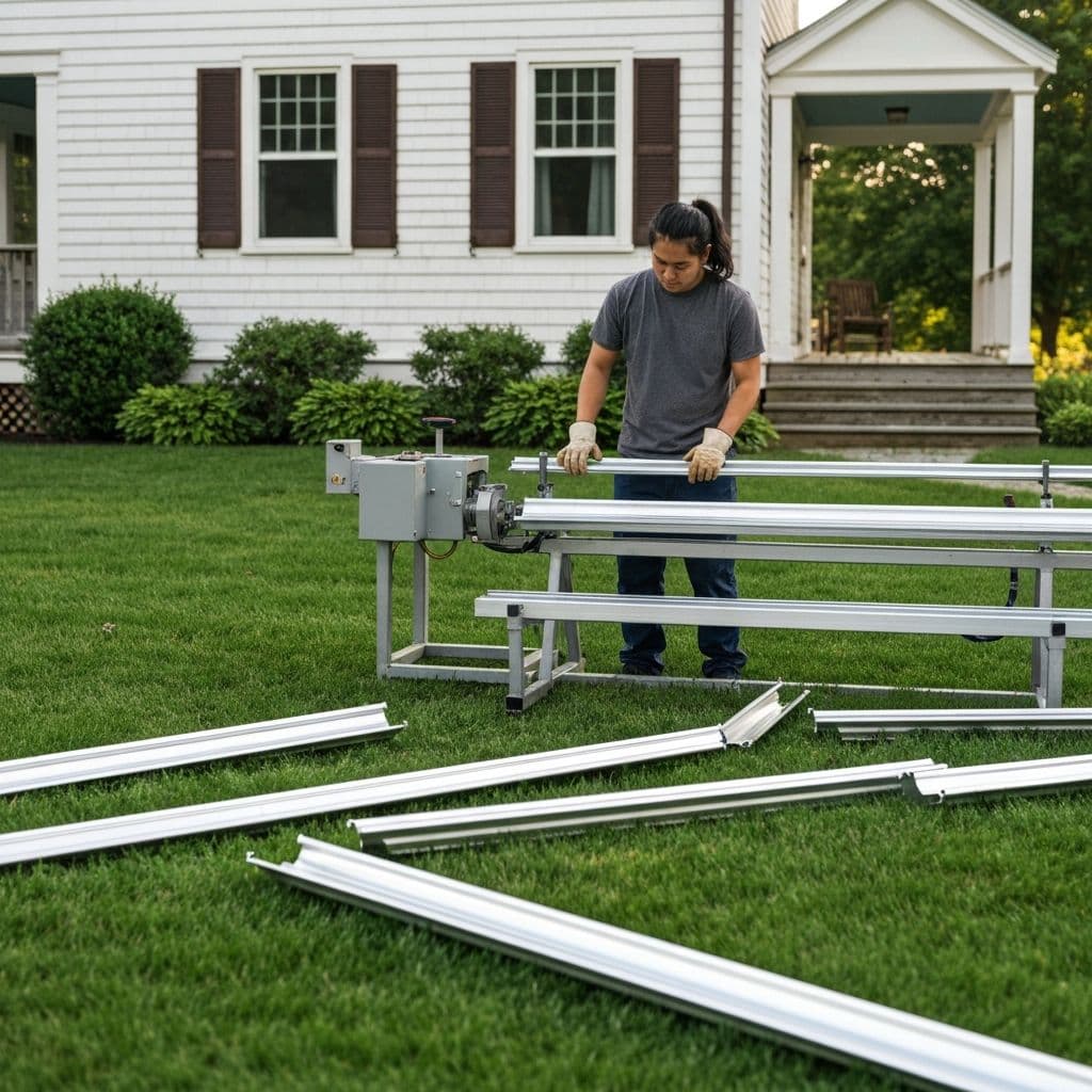 Gutter fabrication machine on lawn with freshly cut sections