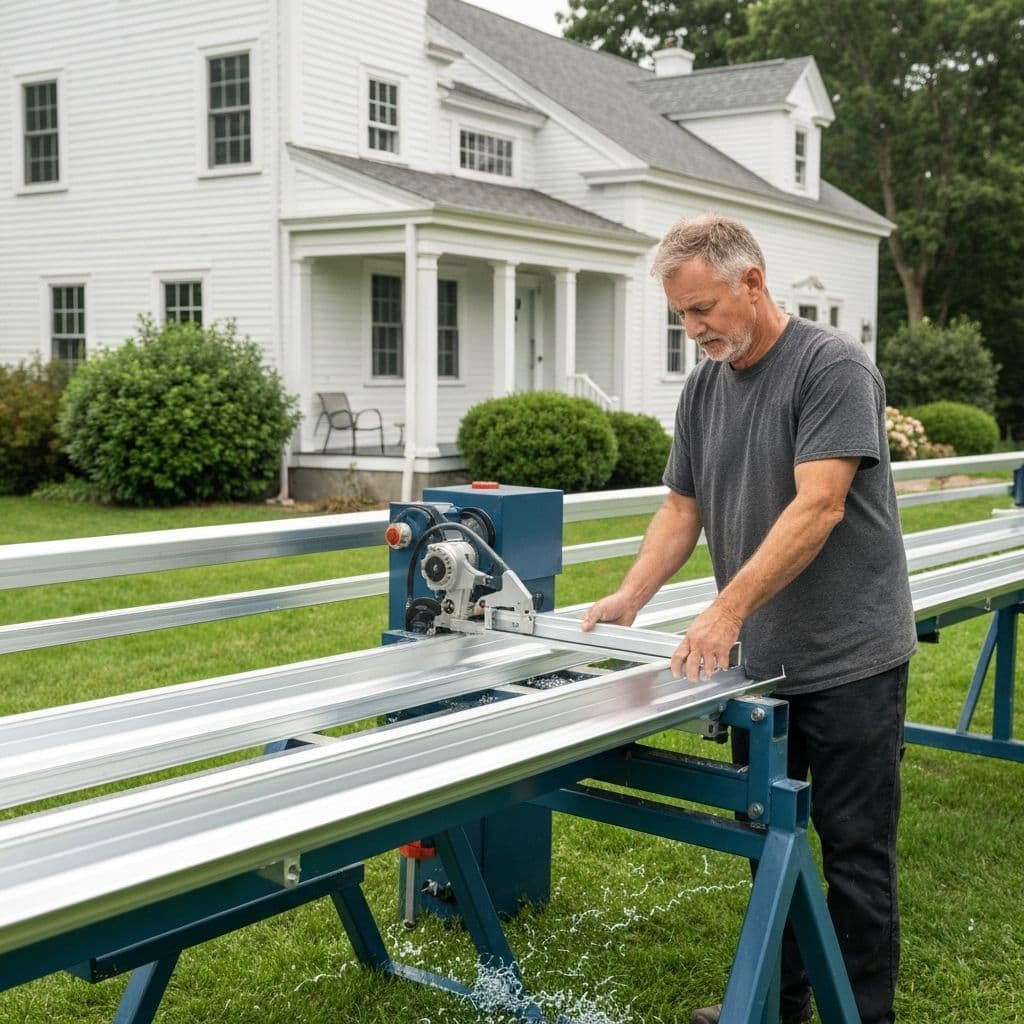 A&A Seamless Gutters technician custom-fabricating seamless gutters on-site in Connecticut